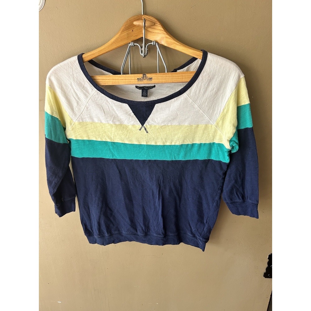 American Eagle Womens S Navy White‎ Yellow Green Striped 3/4 Sleeve T Shirt EUC